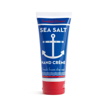 Tube of Swedish Dream Sea Salt Hand Creme with blue and red design on a white background